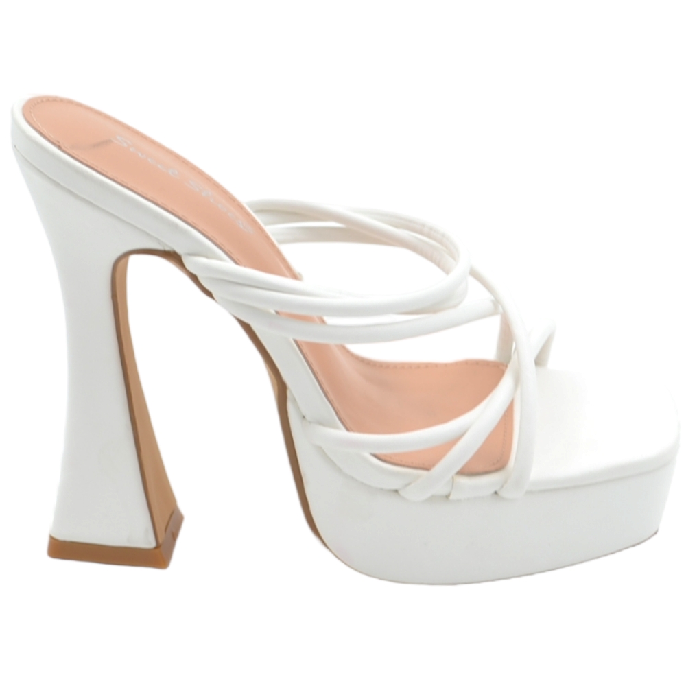 Sandalo tacco donna platform in pelle bianco con plateau alto 3,5 cm e tacco clessidra 15 cm fascette incrocio avampiede