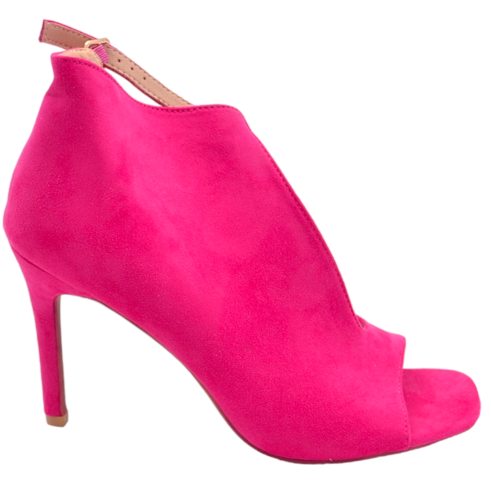 Tronchetto donna stivaletto spuntatina in camoscio fucsia tacco a spillo 12 cm con apertura laterale e chiusura caviglia.