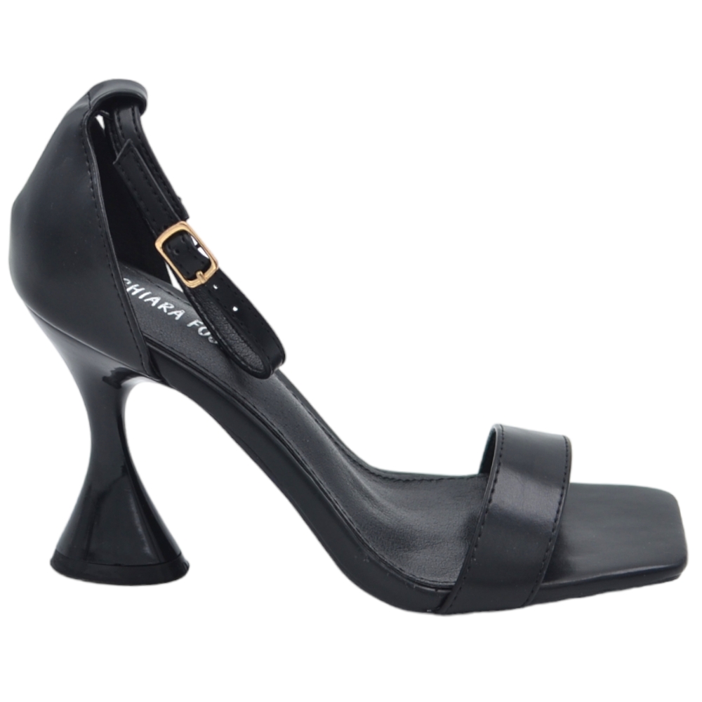 Sandali donna pelle nero tacco clessidra 9 cm fascetta all'avampiede chiusura cinturino alla caviglia regolabile moda.