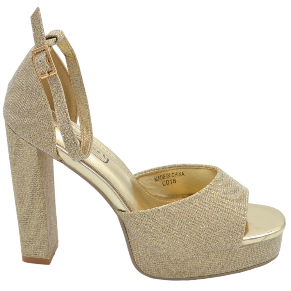 Sandali tacco donna in tessuto satinato oro plateau 3 cm tacco 11 cm con fascia avampiede chiusura regolabile caviglia .