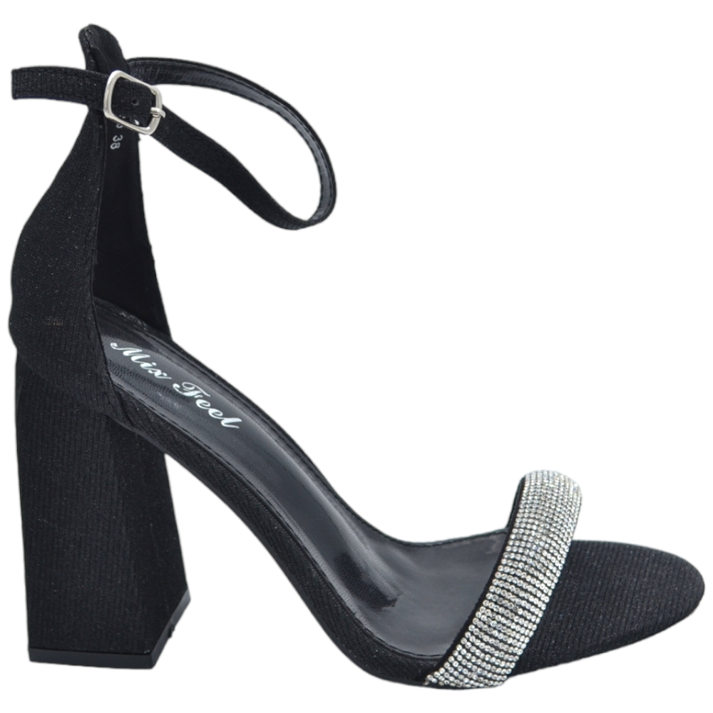 Sandalo alto donna nero tessuto satinato tacco doppio 9 cm cinturino con strass e chiusura alla caviglia linea basic .