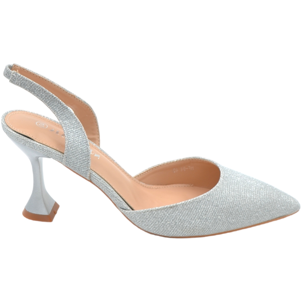 Decollete scarpa donna slingback a punta in tessuto satinato argento tacco clessidra 9 cm cinturino tallone glamour moda.