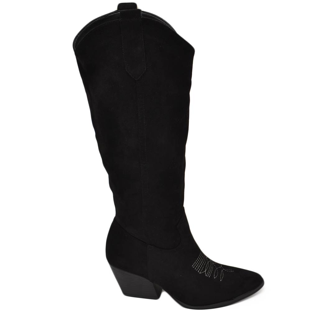 Stivali texani camperos donna lisci in camoscio nero al ginocchio con tacco legno 7 cm western moda zip .