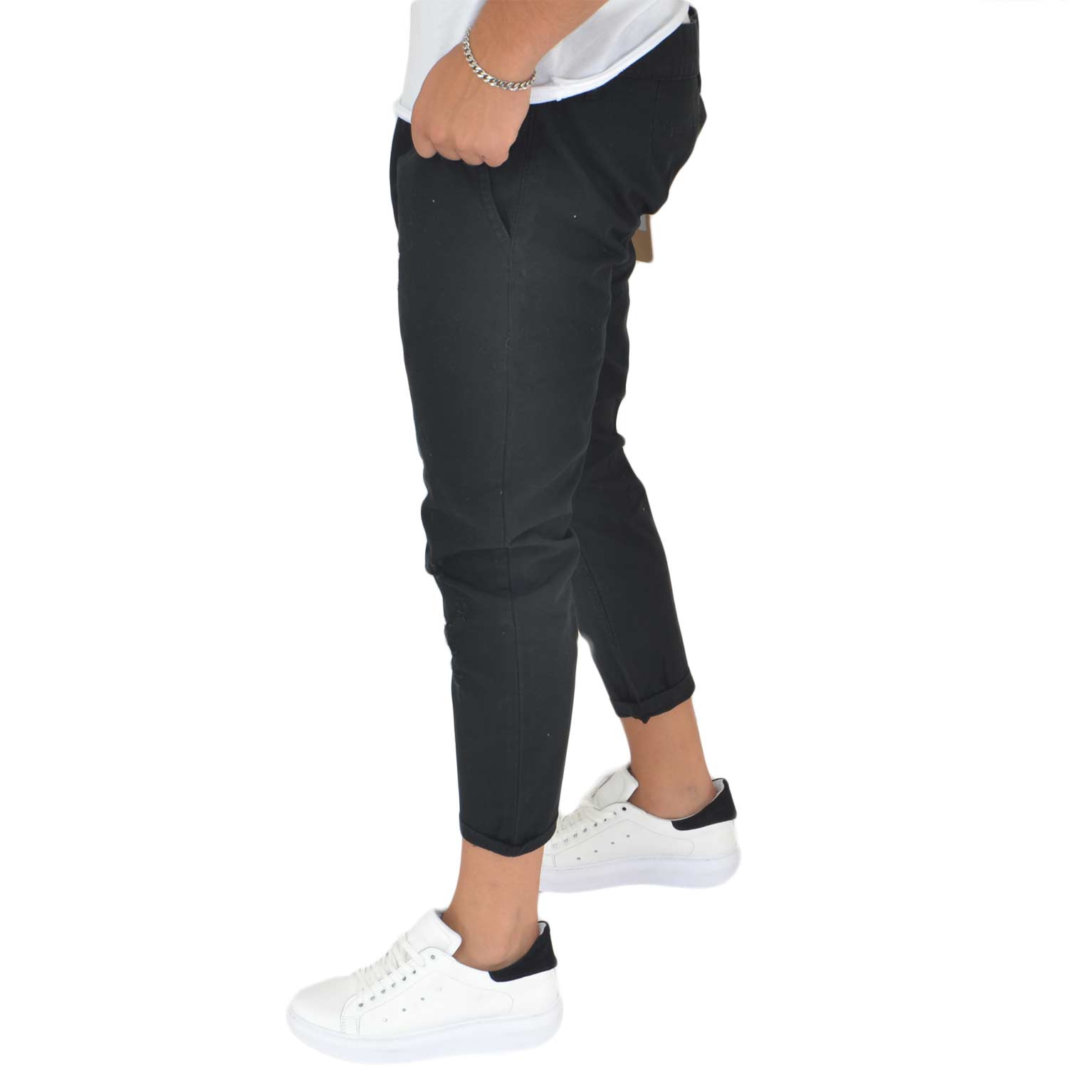 Malu Shoes Pantaloni jogger neri uomo con bottone e tasche laterali con  strappi e toppe cavallo basso moda giovane 