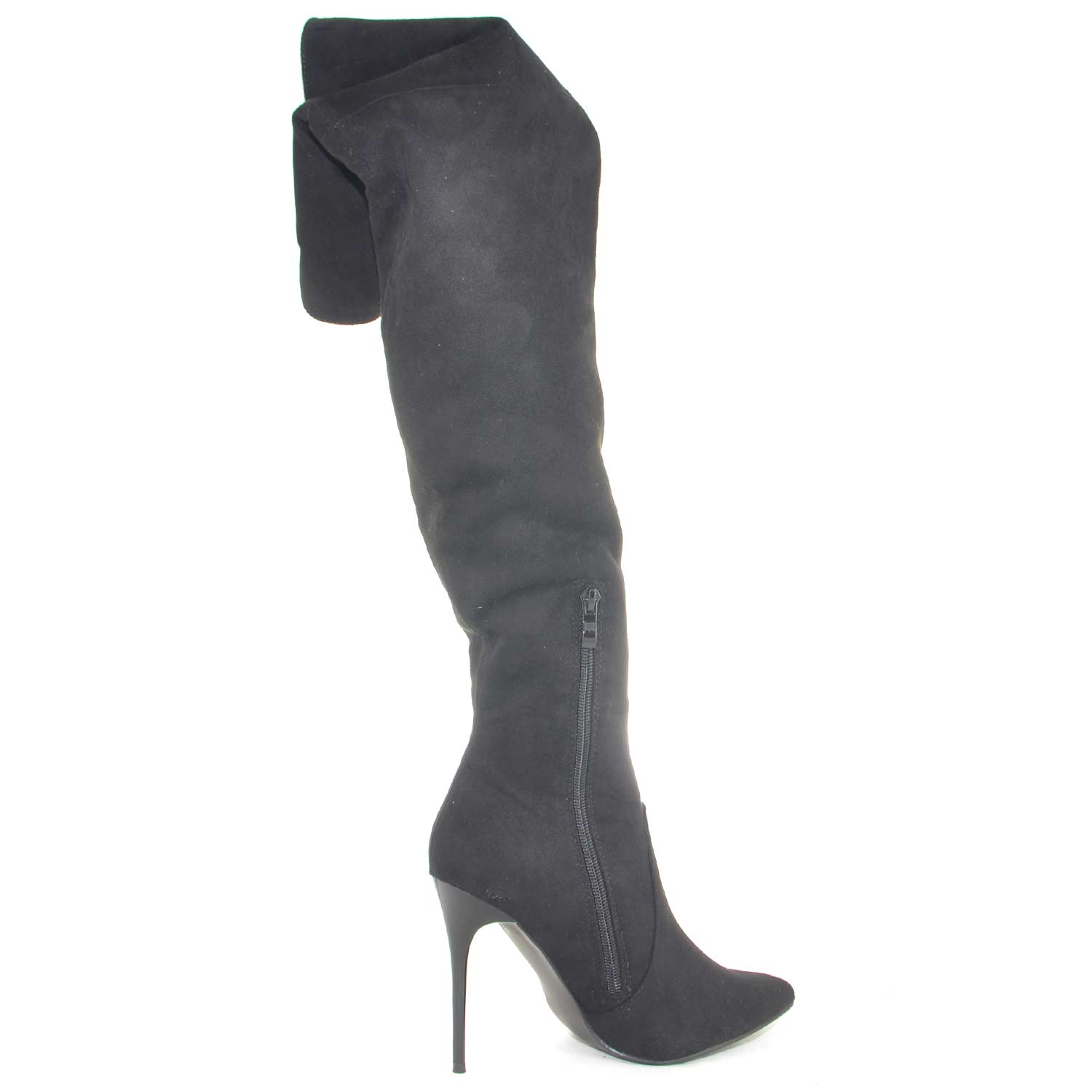 Stivali donna alti in camoscio nero al ginocchio a punta arricciati con zip  tacco spillo 10cm donna stivali Malu Shoes