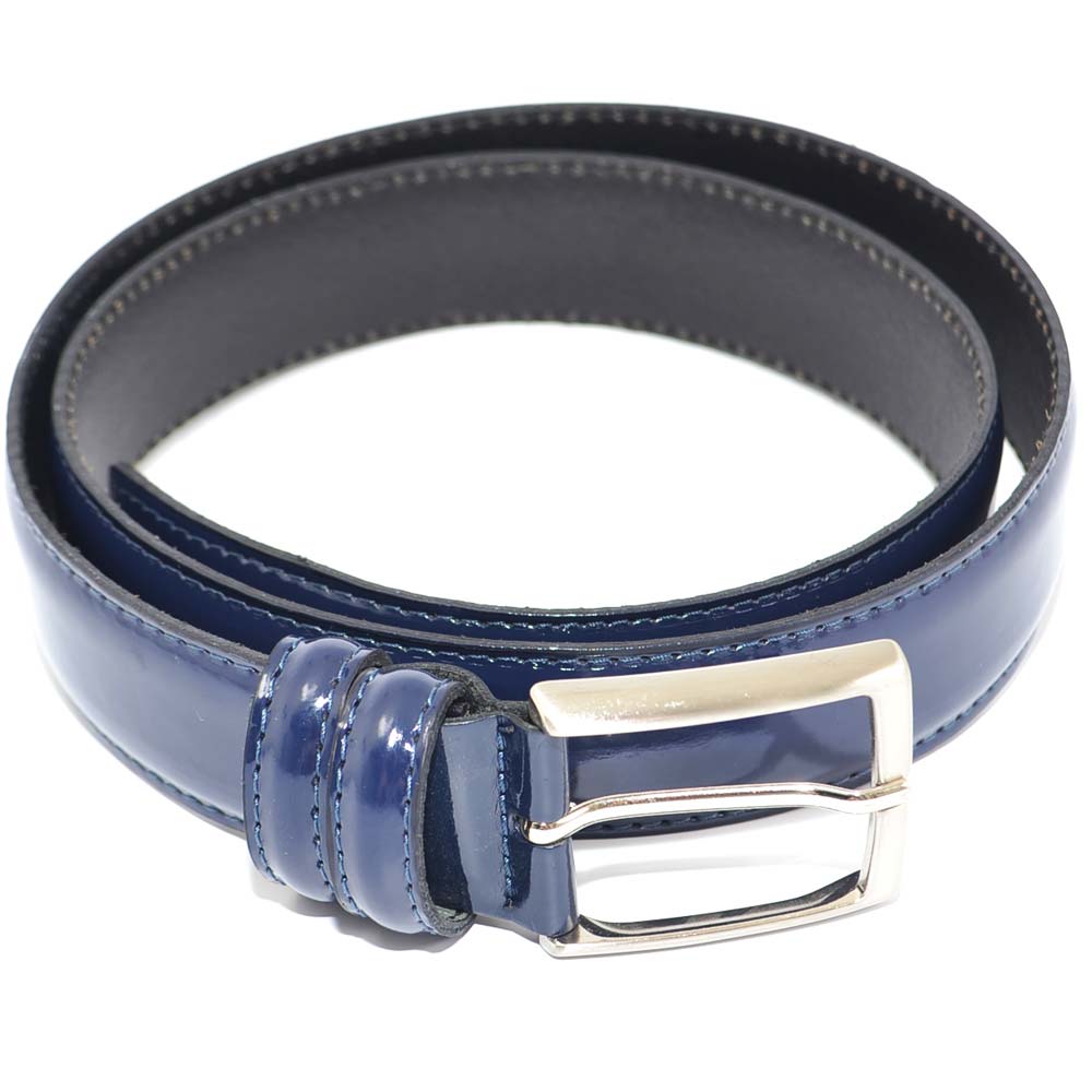 Cintura uomo vera pelle elegante per cerimonia o casual fibbia in acciaio made in italy materiale vernice blu