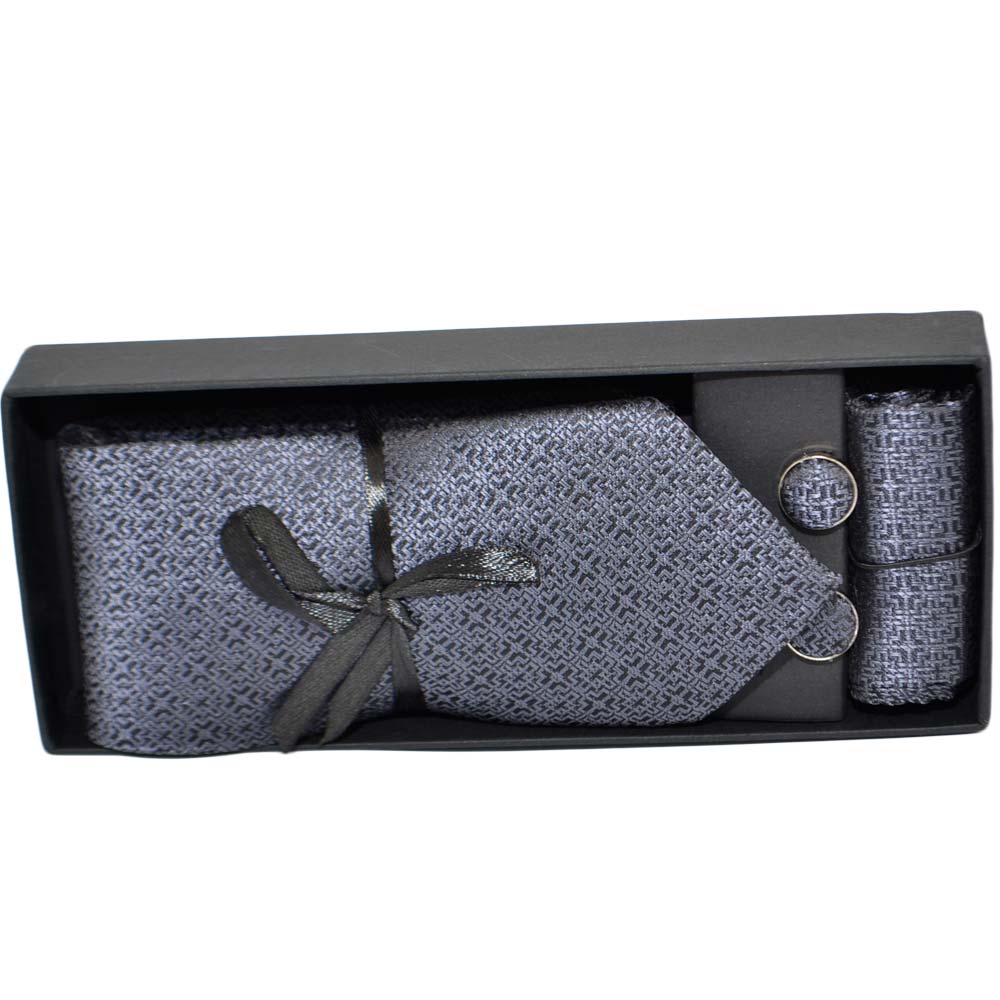 Set cravatta pochette e gemelli in cotone grigio con dettagli neri confezione regalo per professionisti e collezionisti