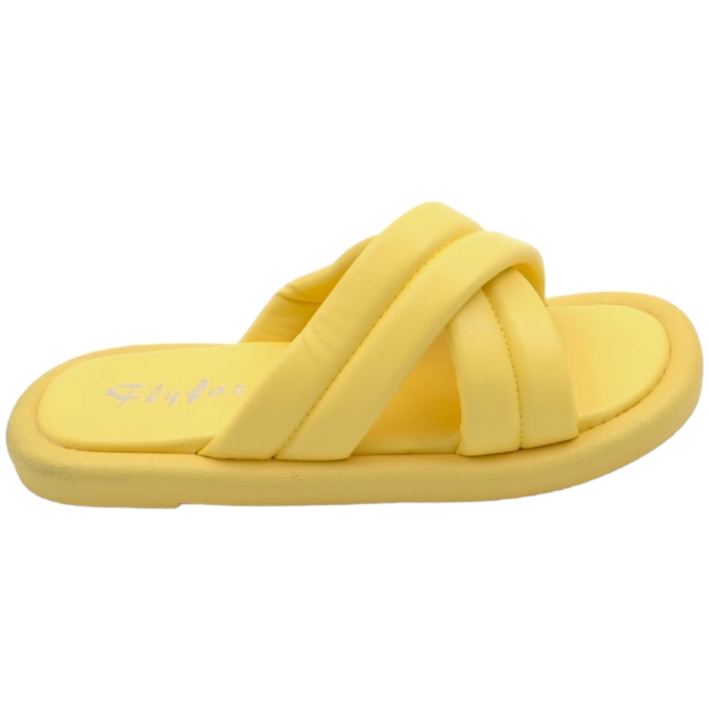 Ciabatta pantofola donna giallo estiva in gomma morbida impermeabile con fascia incrociata.