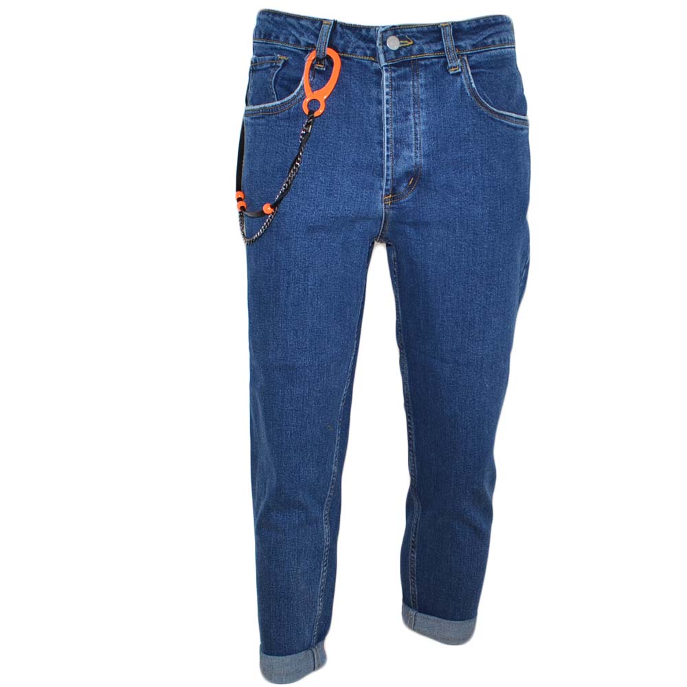 Jeans denim uomo skinny fit con effetto slavato Cinque tasche Chiusura frontale cerniera e bottone con gancio fluo neon .