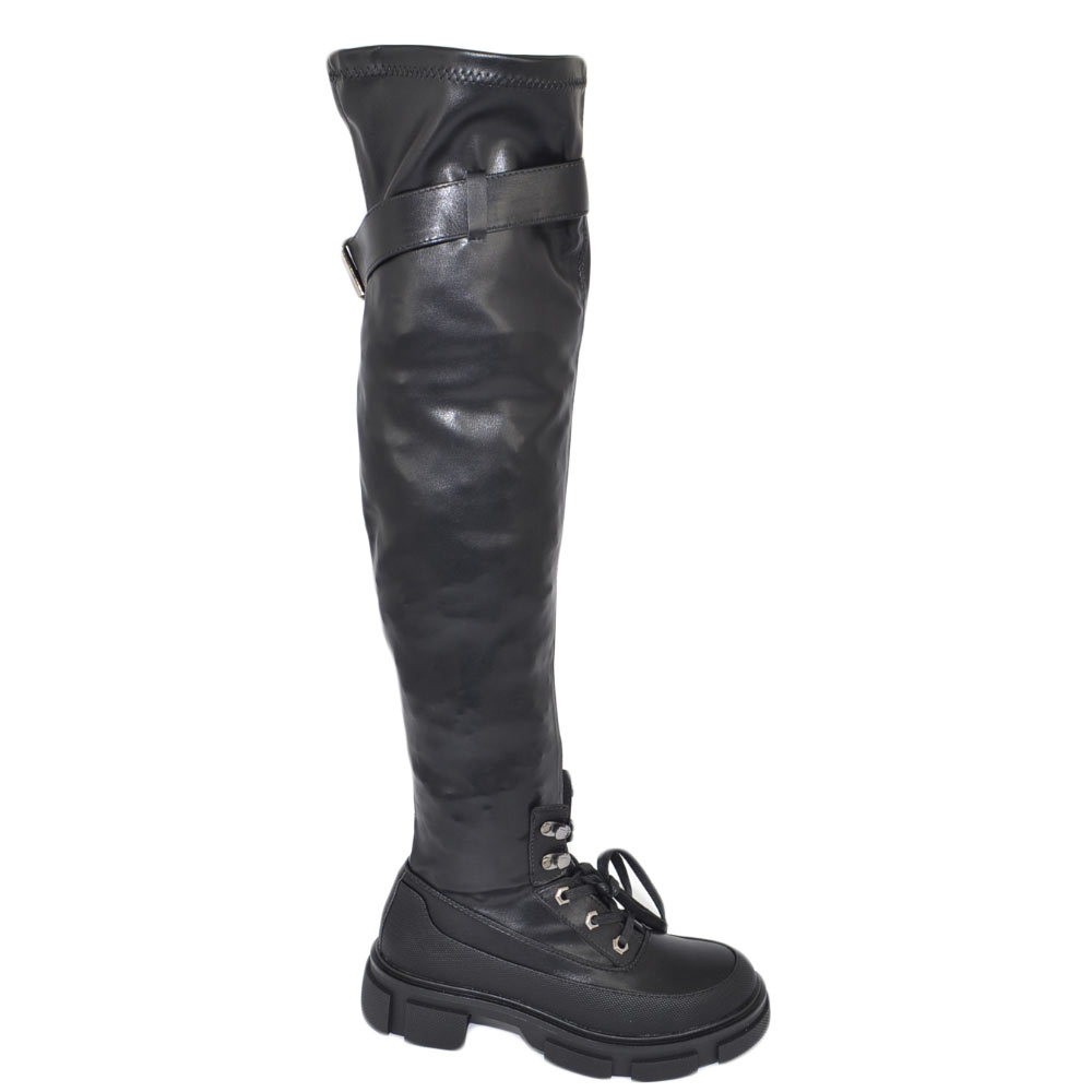 Stivale donna alto nero sopra ginocchio elastico platform calzino suola gomma alta bombata lacci fibbia tendenza moda.