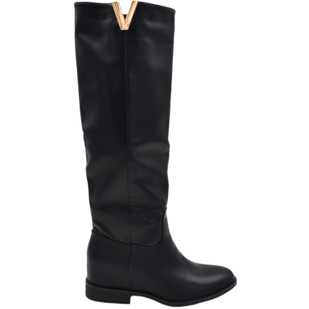 Stivali donna biker nero basic con zeppa interna 5 cm e zip laterale scollo a V moda punta rotonda.