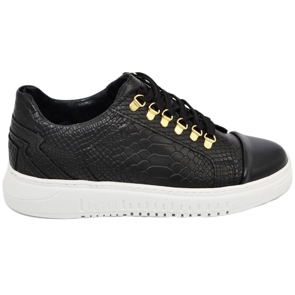 Sneakers bassa uomo anaconda nero cocco in vera pelle con punta liscia ganci oro fondo army bianco moda giovane street