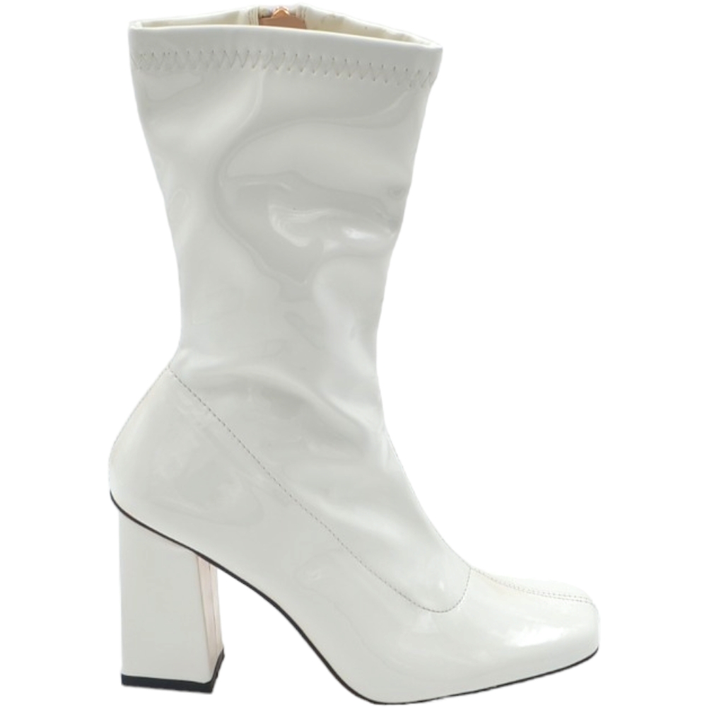 Tronchetti alti donna bianco lucido a punta quadrata tacco comodo doppio 6cm effetto calzino zip moda .