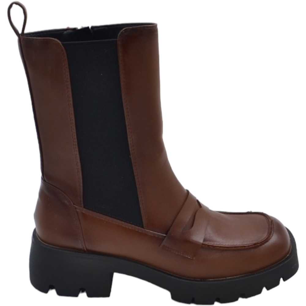 Stivaletti donna platform chelsea boots combat cuoio in ecopelle fondo alto zip elastico laterale e bendina tendenza
