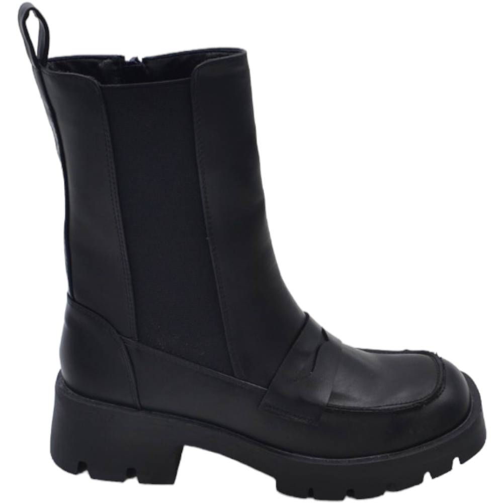 Stivaletti donna platform chelsea boots combat nero in ecopelle fondo alto zip elastico laterale e bendina tendenza