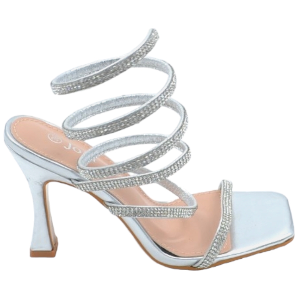 Sandali donna gioiello argento tacco clessidra 10cm serpente rigido si attorciglia alla gamba regolabile brillantini.