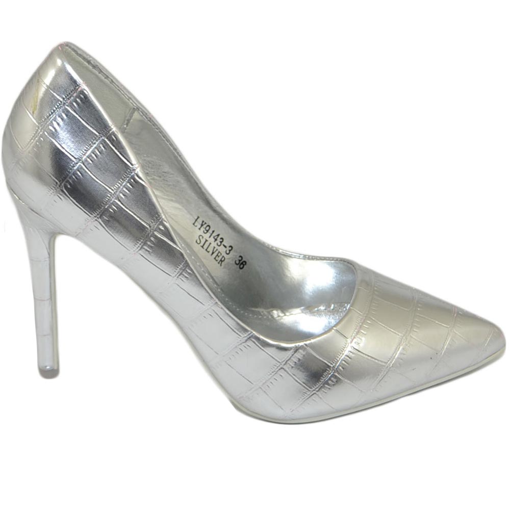 Scarpe donna decollete a punta elegante in pelle cocco argento tacco a spillo 12 cm moda evento