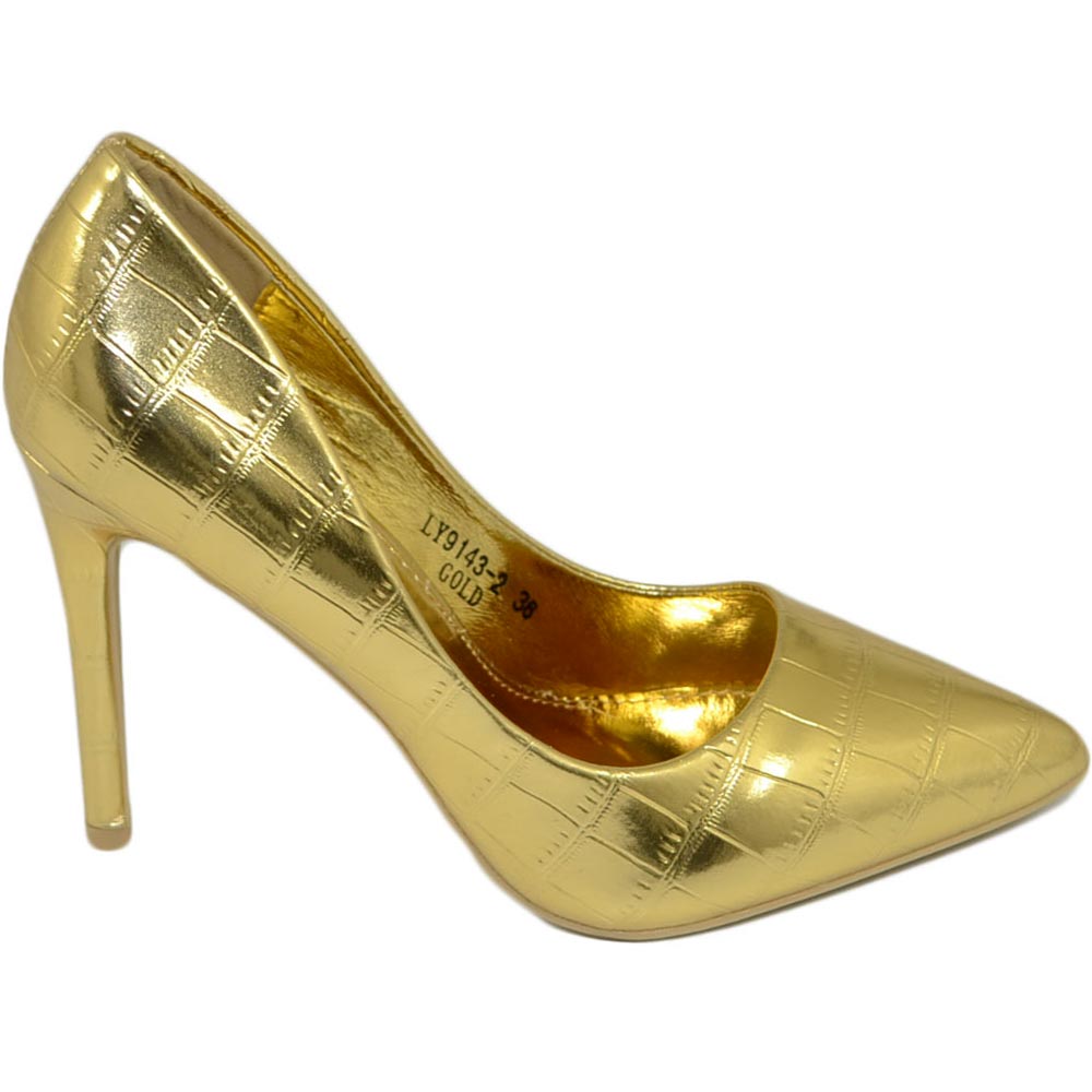 Scarpe donna decollete a punta elegante in pelle cocco oro tacco a spillo 12 cm moda evento.