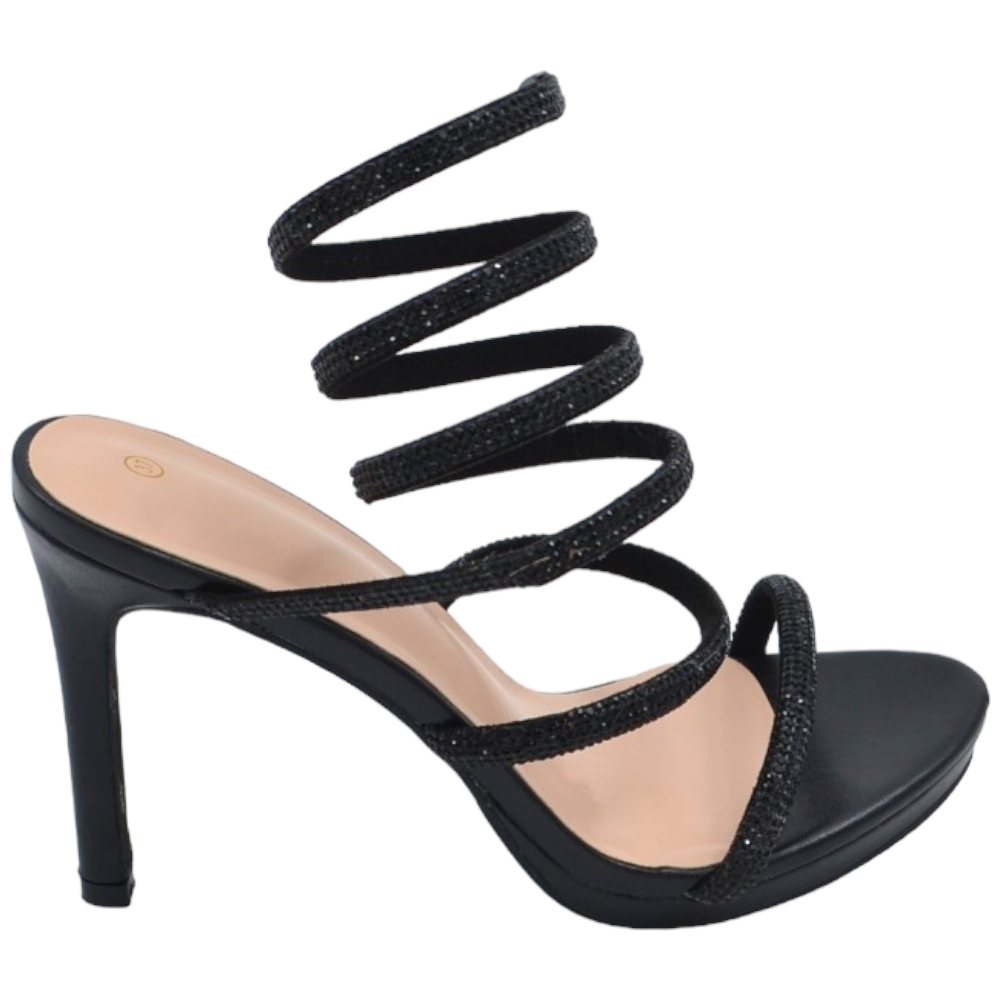 Sandali donna gioiello nero tacco 12 cm e plateau serpente rigido si attorciglia alla gamba regolabile brillantini.