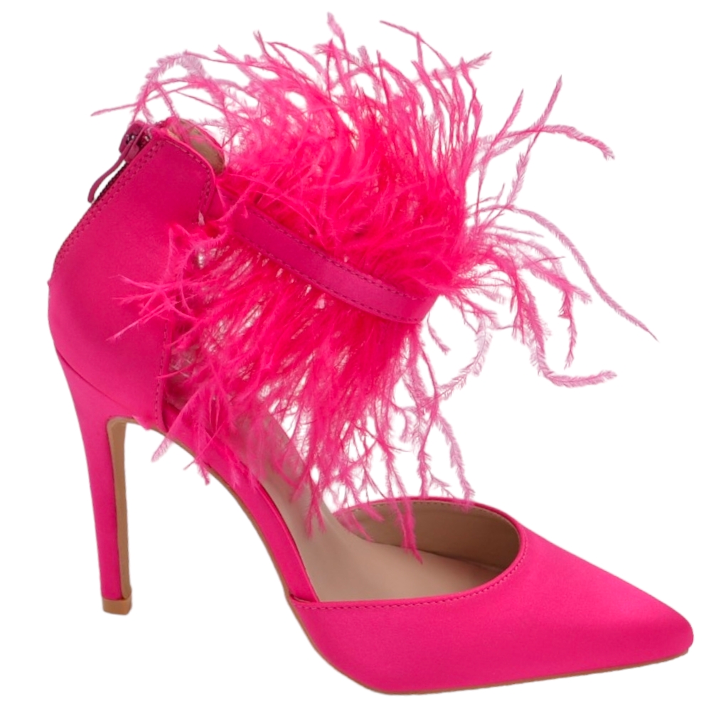 DECOLLETE DONNA A PUNTA IN RASO SEMILUCIDO FUCSIA LISCIO CON PIUME TACCO SOTTILE 12CM ADERENTE CHIUSURA ALLA CAVIGLIA