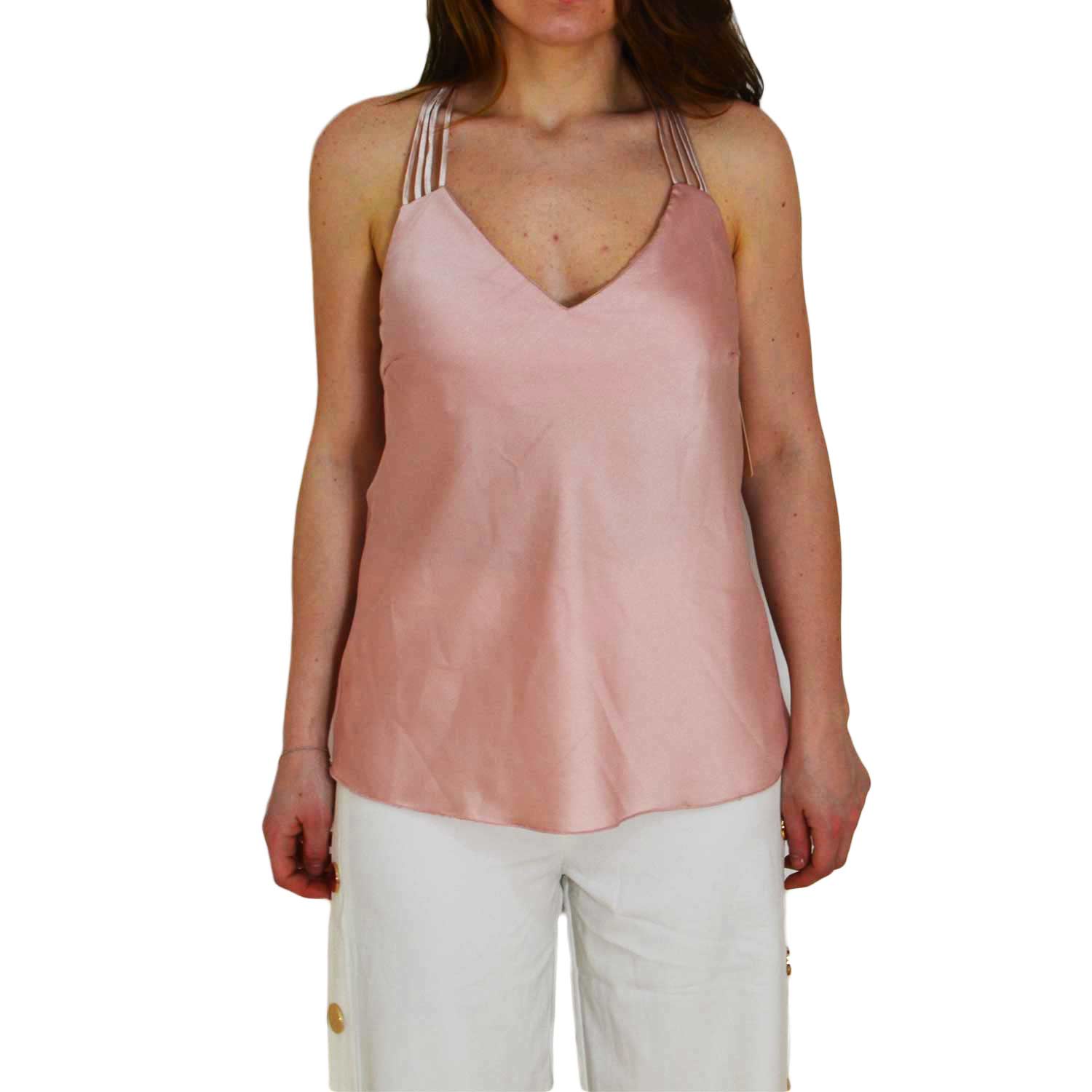 TOP SOTTOGIACCA ROSA CIPRIA DONNA IN RASO CON SCOLLO A V E INTRECCIO SULLA SCHIENA SCOPERTA ELEGANTE GLAMOUR MODA