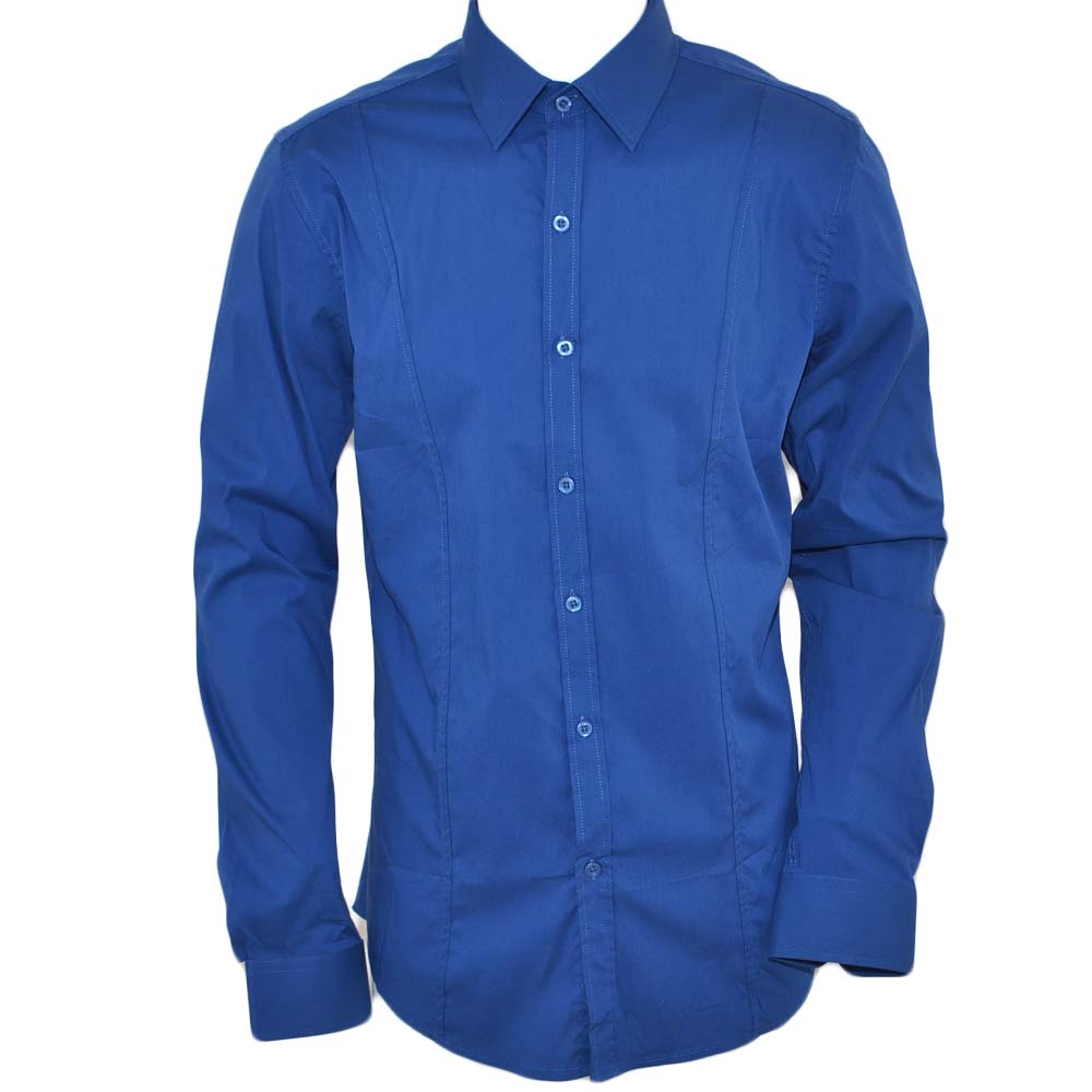 Camicia uomo cotone blu collo rigido manica lunga tinta unita chiusura bottoni.