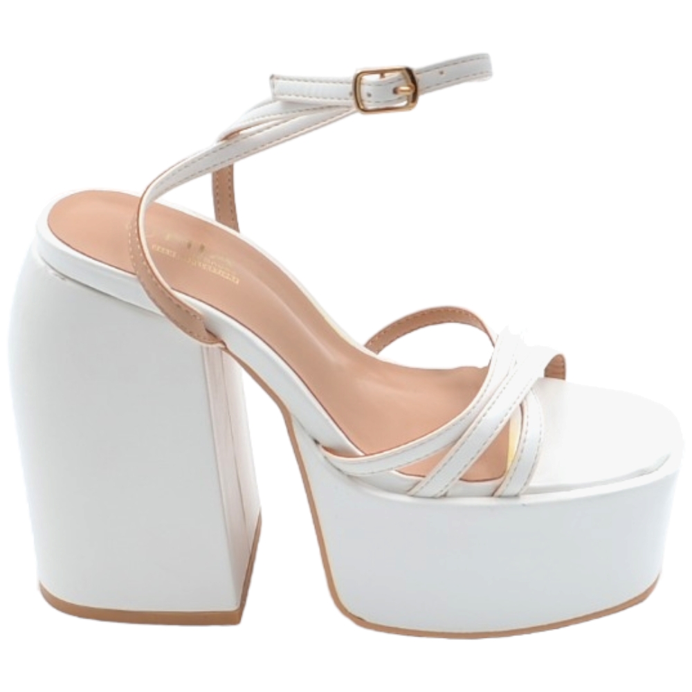 Zeppa donna Sandalo platform in pelle bianco con plateau alto 5 cm e tacco grosso 15 cm cinturino sottile alla caviglia