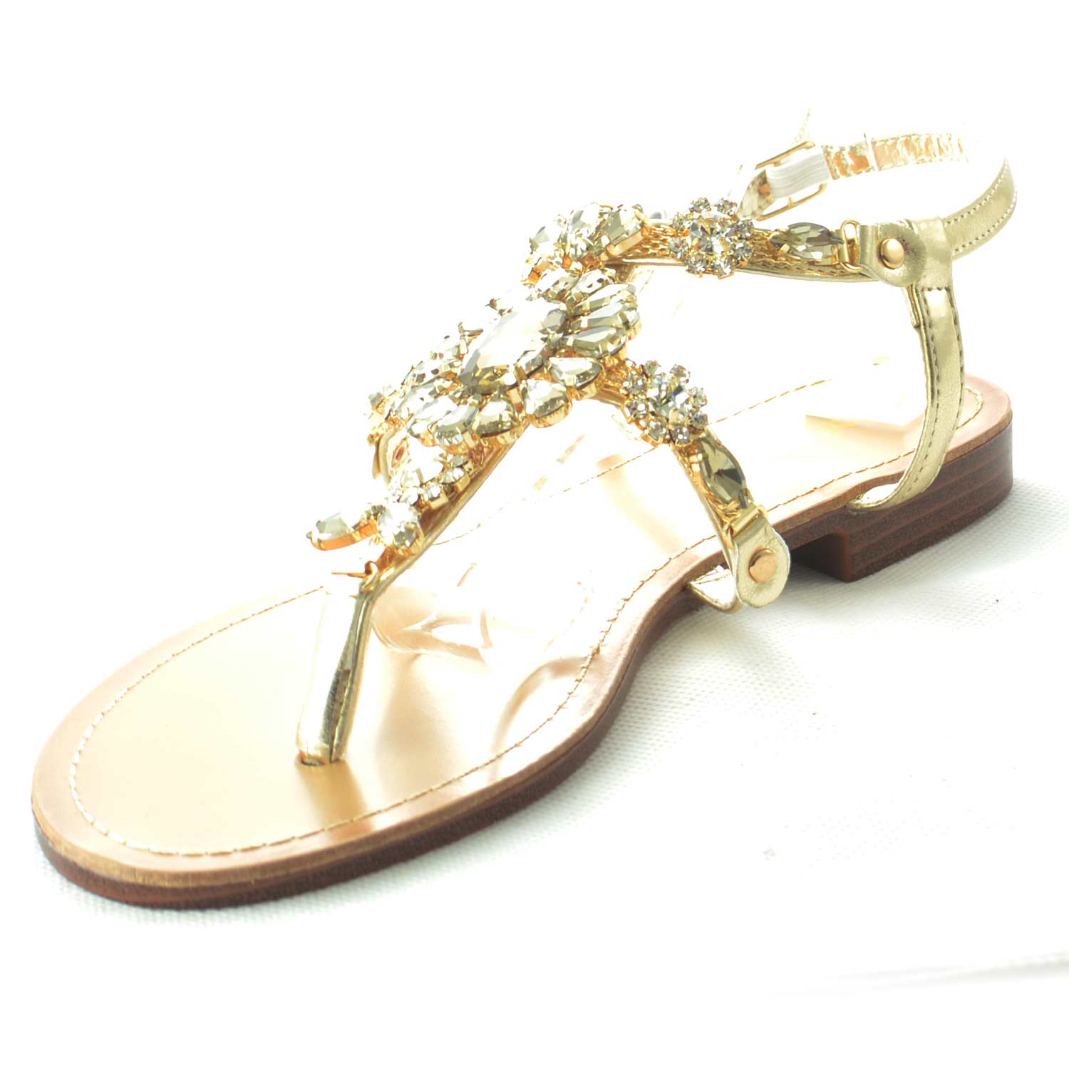 Sandalo Gioiello Donna Tacco Basso Con Due Fascette A Infradito Strass Oro Glamour Chic Donna