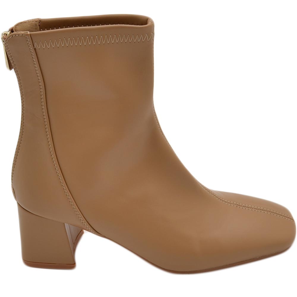 Stivaletto tronchetto donna in pelle nude punta quadrata tacco largo comodo 4 cm zip laterale aderente effetto calzino