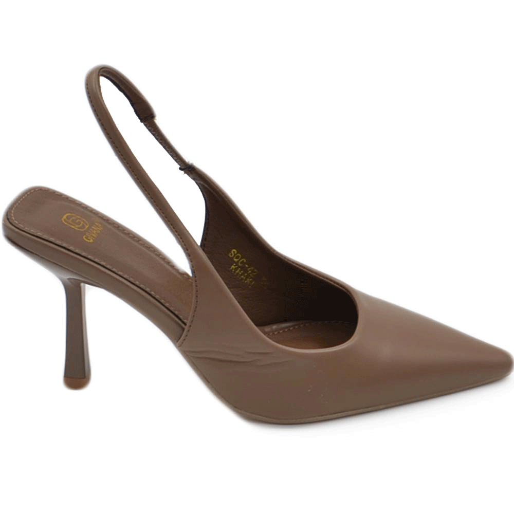 Scarpe decollete slingback donna elegante punta in ecopelle opaca taupe tacco 10 cm cerimonia cinturino retro tallone