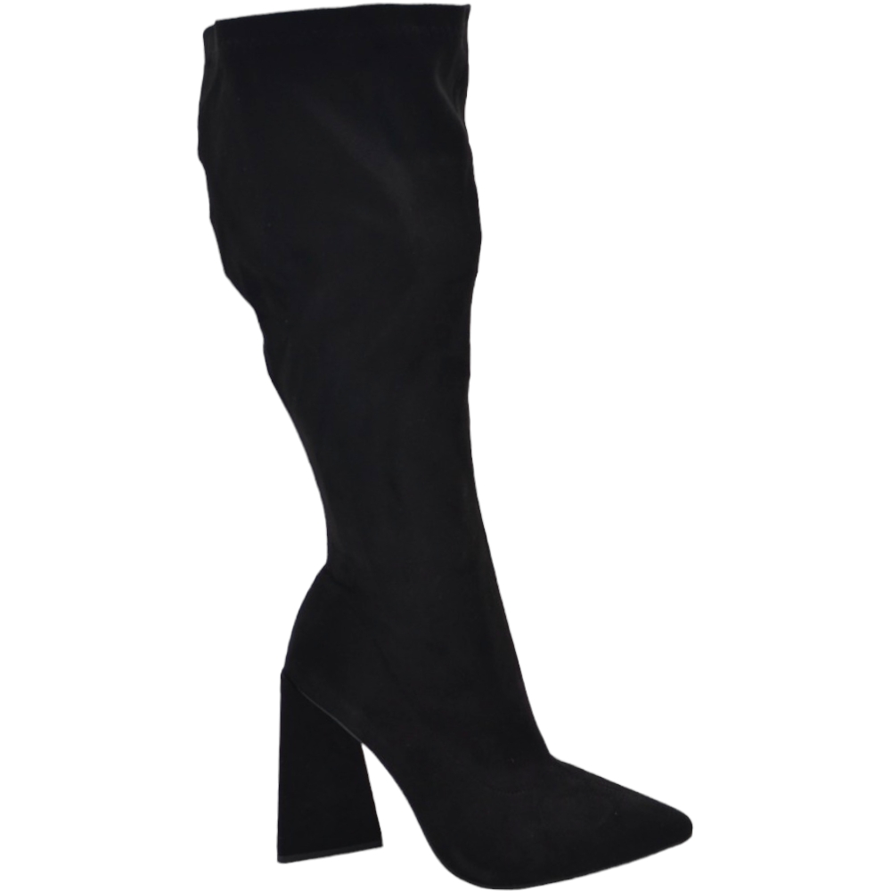 Stivali donna nero camoscio a punta con tacco largo asimmetrico comodo 10 cm gambale largo polpaccio comodo elastico.