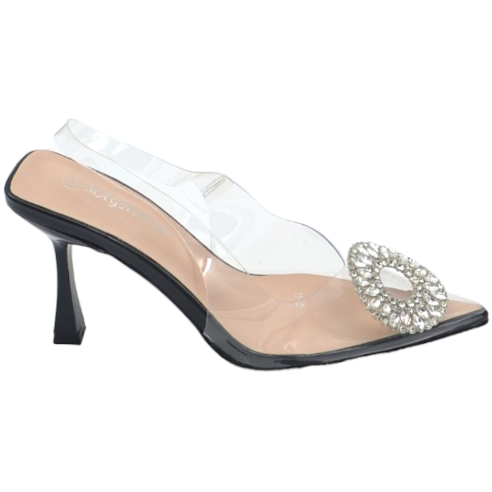 Decollete scarpa donna a punta trasparente con spilla gioiello fiore brillantini argento tacco spillo 9 nero evento glam.