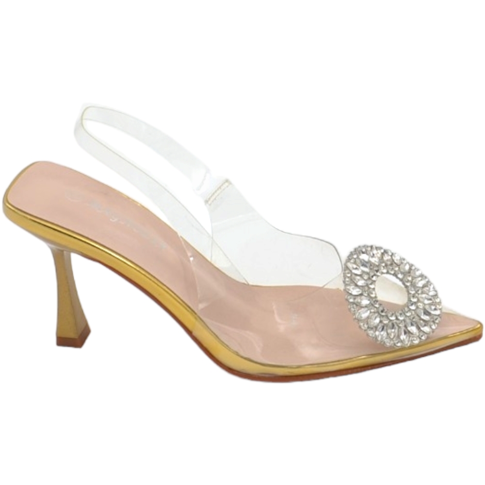 Decollete scarpa donna a punta trasparente con spilla gioiello fiore brillantini argento tacco spillo 9 oro evento glam.