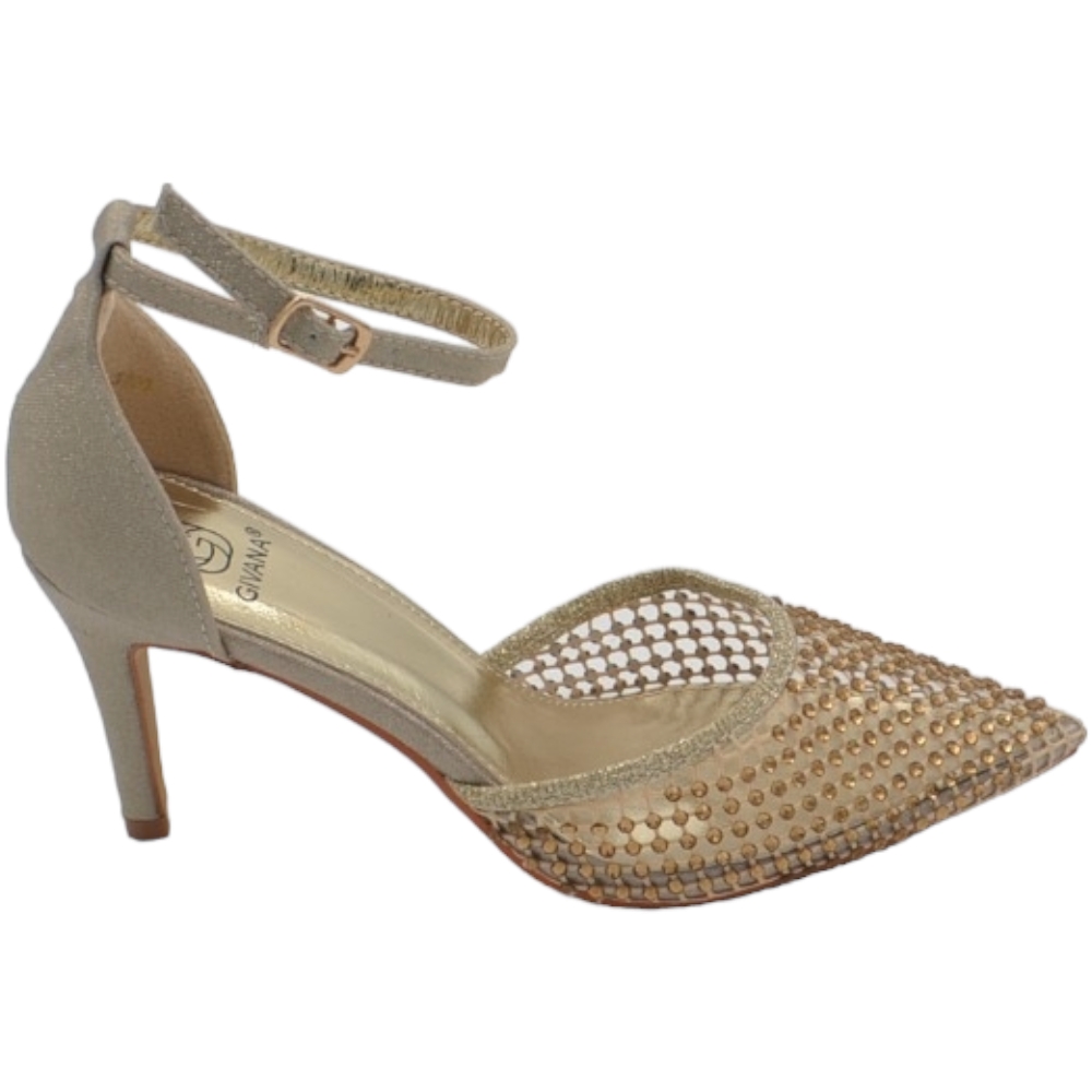 Scarpe decollete donna elegante platino punta rete trasparente brillantini tacco 10 cm cinturino alla caviglia evento.