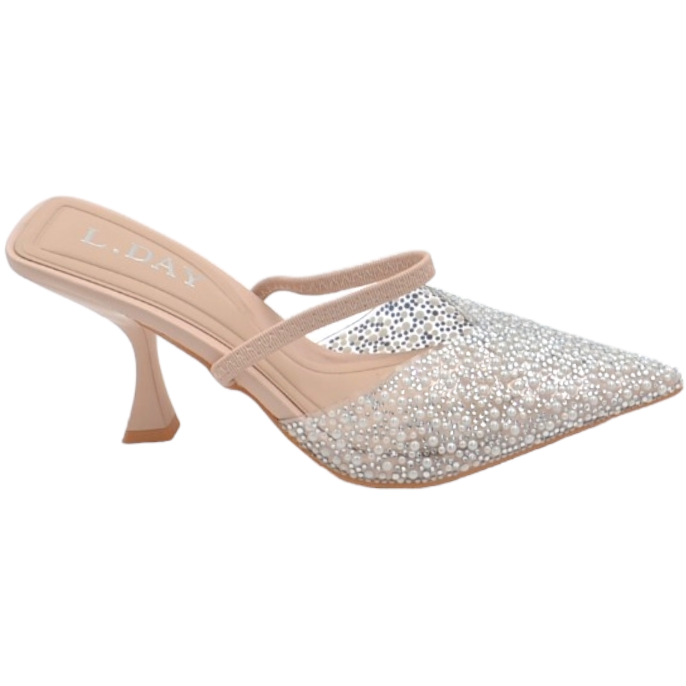 Scarpa decollete slingback donna effetto nudo con trasparenza brillantini argento elastico in tono tacco martini 7 cm