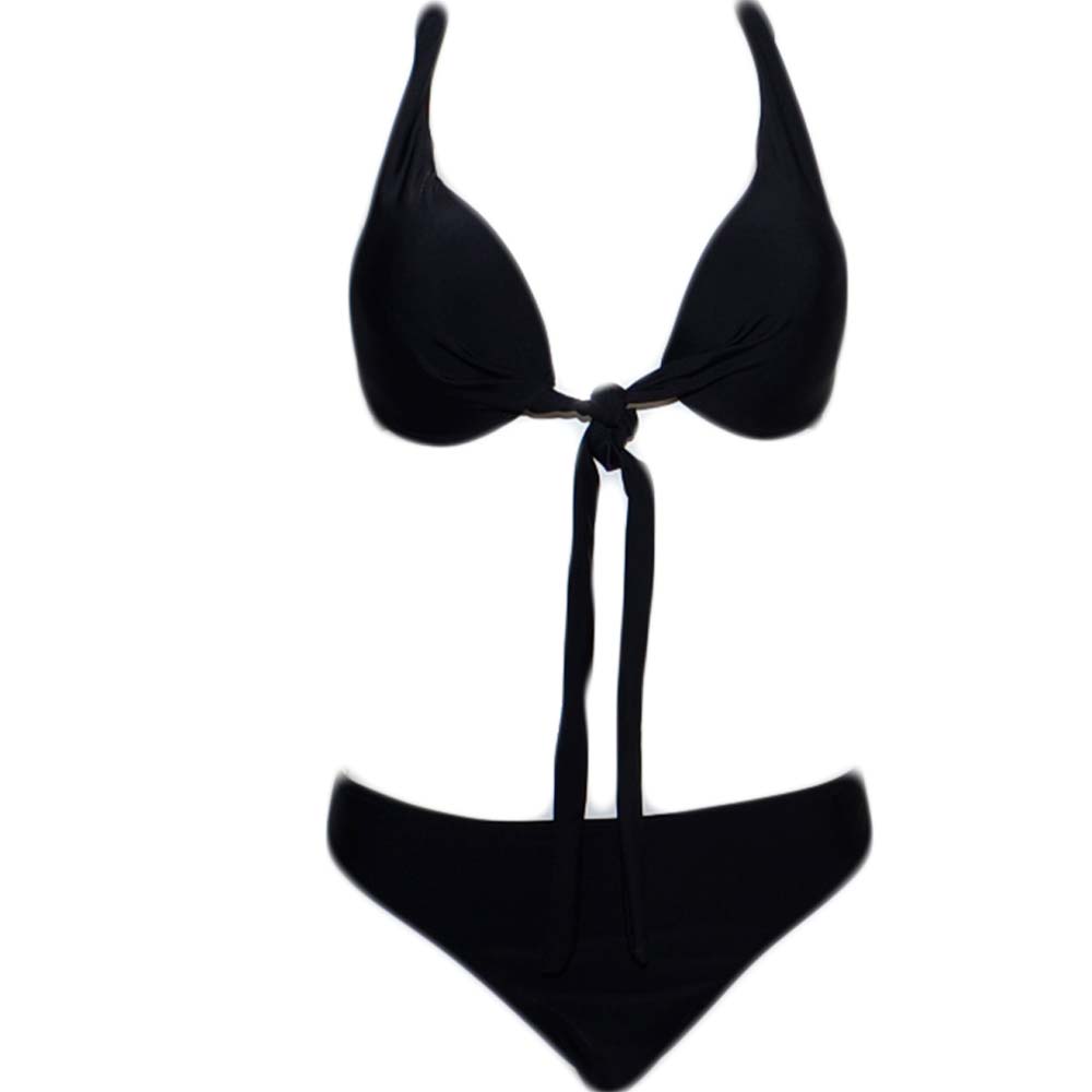 Costume da bagno nero donna bikini swimwear con slip Basic e top bralette regolabile che si allaccia davanti moda .