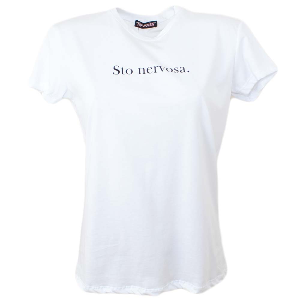 T-shirt donna basic bianca modello slim bianca con scritta STO NERVOSA  cotone made in Italy donna t shirt Malu Shoes