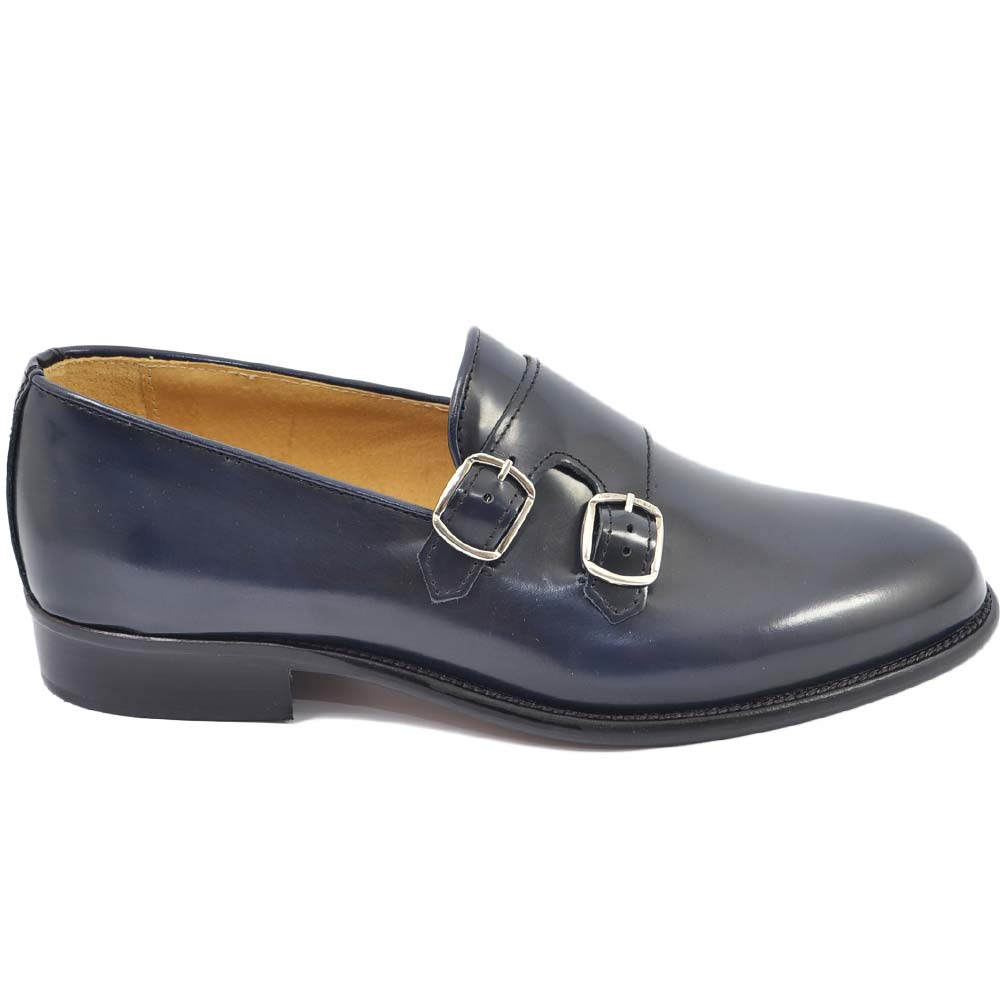 Scarpe uomo con fibbia doppia blu sottile derby vintage in vera pelle abrasivata spazzolata a mano business linea dandy