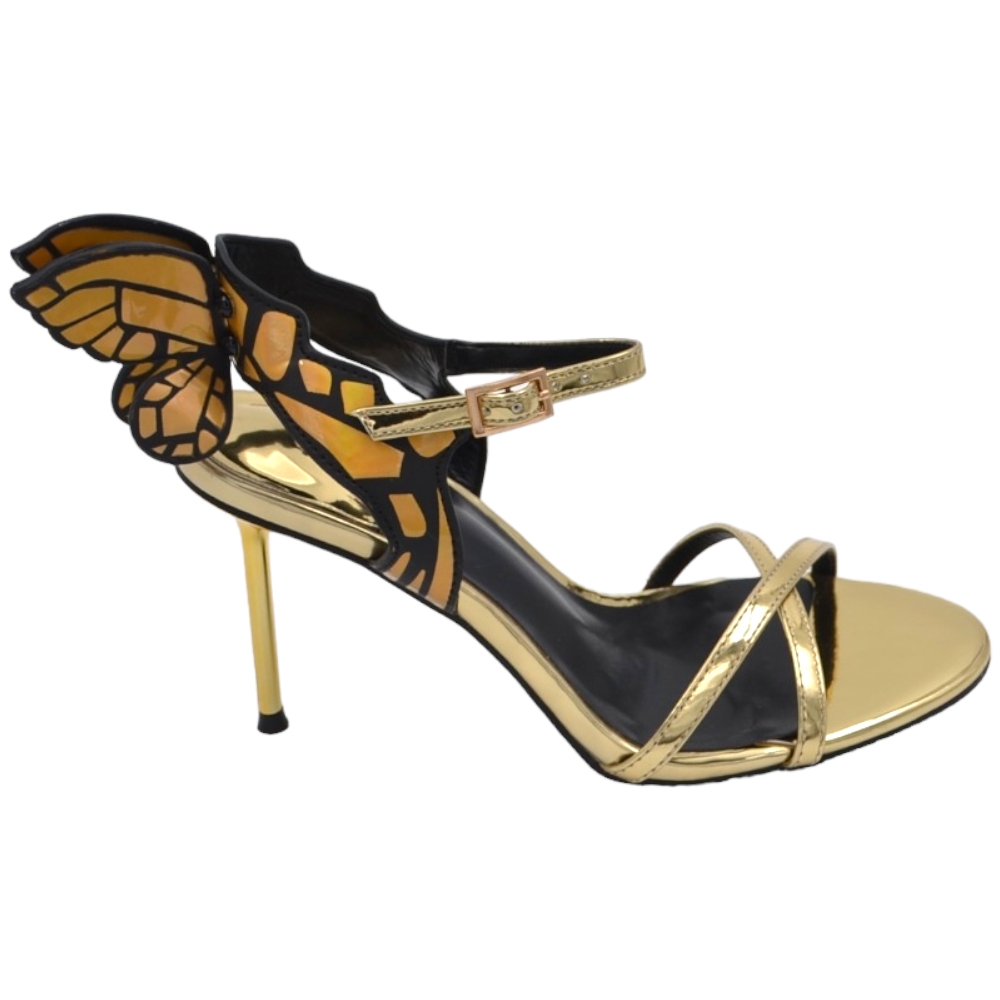 Sandalo tacco donna vernice oro lucido con cinturino alla caviglia farfalla dietro effetto specchio tacco alto 12.