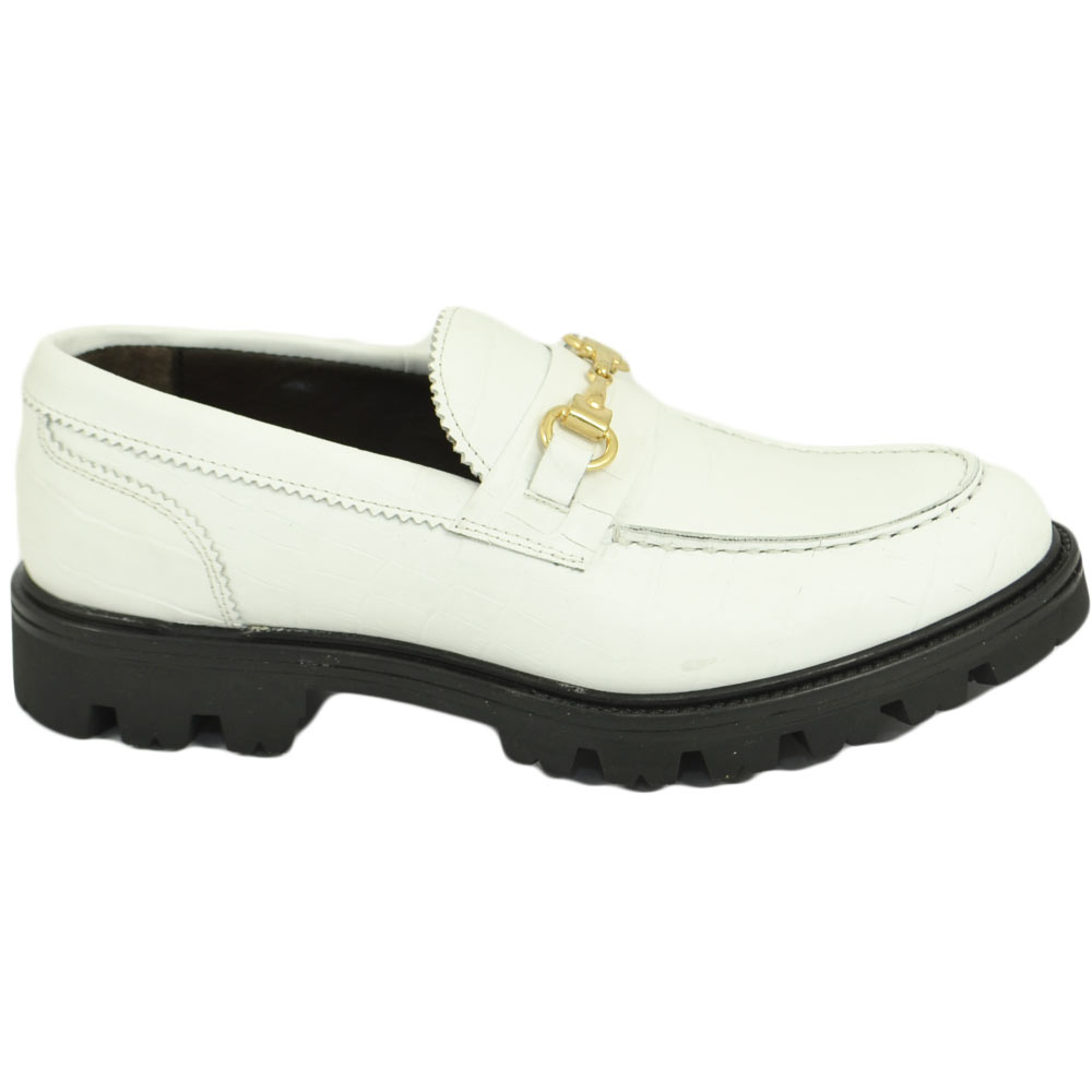 Mocassino uomo ls luisantiago alto con accessorio oro in vera pelle di nappa bianco suola roccia carrarmato moda