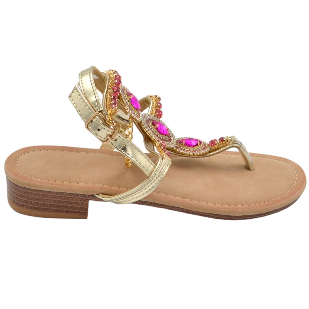 Sandalo basso donna infradito con cavigliera gioiello oro pietre colorate fucsia interno morbido tacco 2 cm.