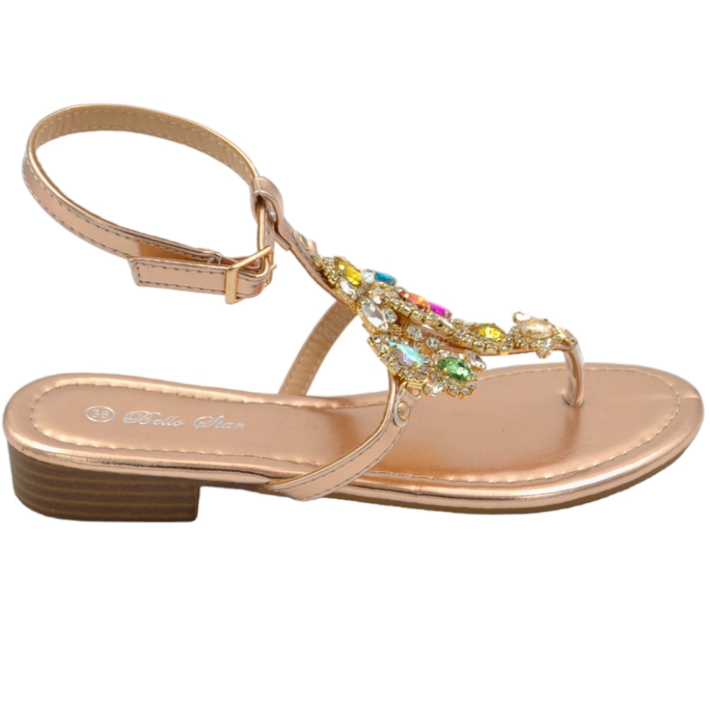 Sandalo basso donna infradito con cavigliera gioiello oro rosa pietre colorate interno morbido tacco 2 cm.