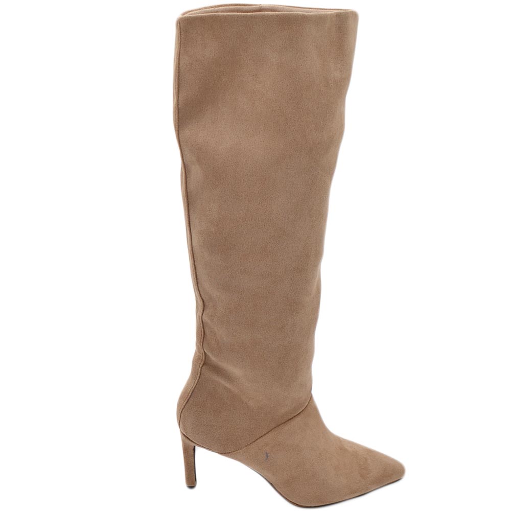 Stivali alti donna al ginocchio in ecopelle scamosciata beige punta tacco spillo 6 cm zip lunga morbido moda linea Basic