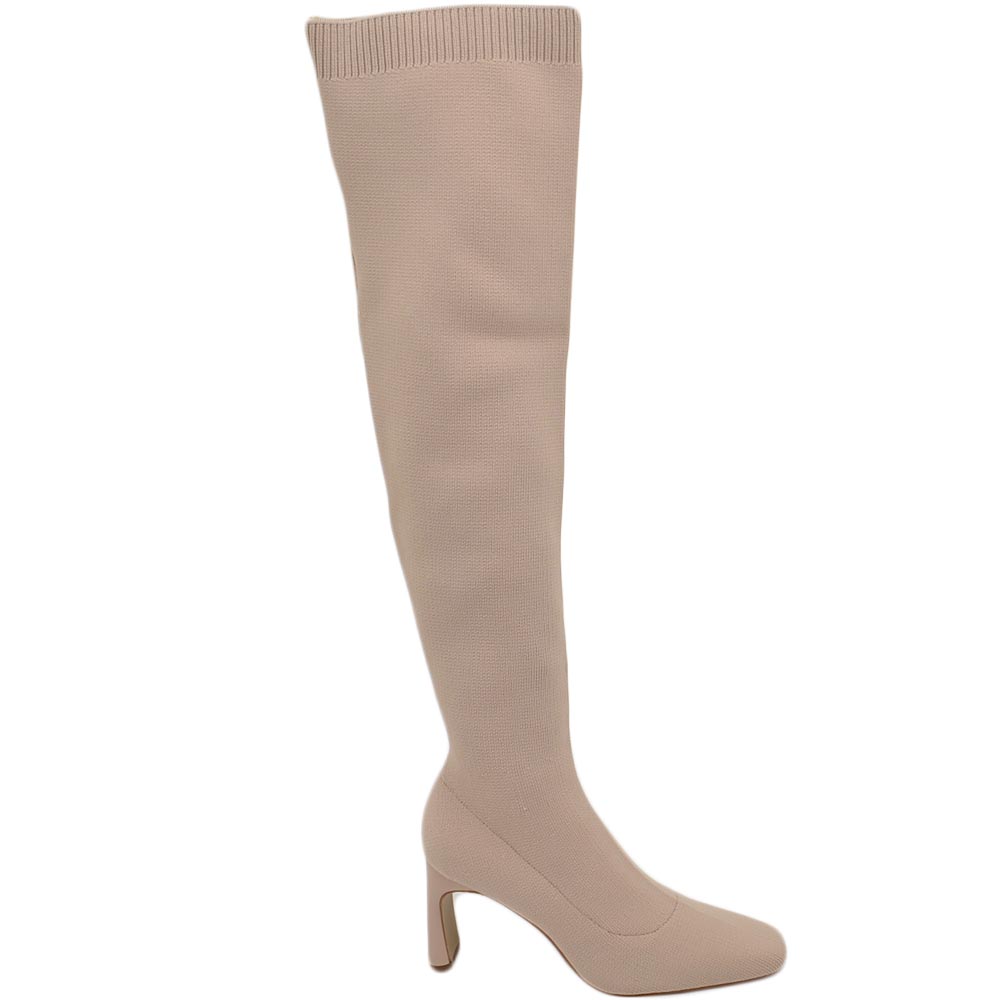 Stivali alti donna sopra al ginocchio in tessuto beige a punta quadrata tacco 6 cm zip aderente effetto calzino basic	