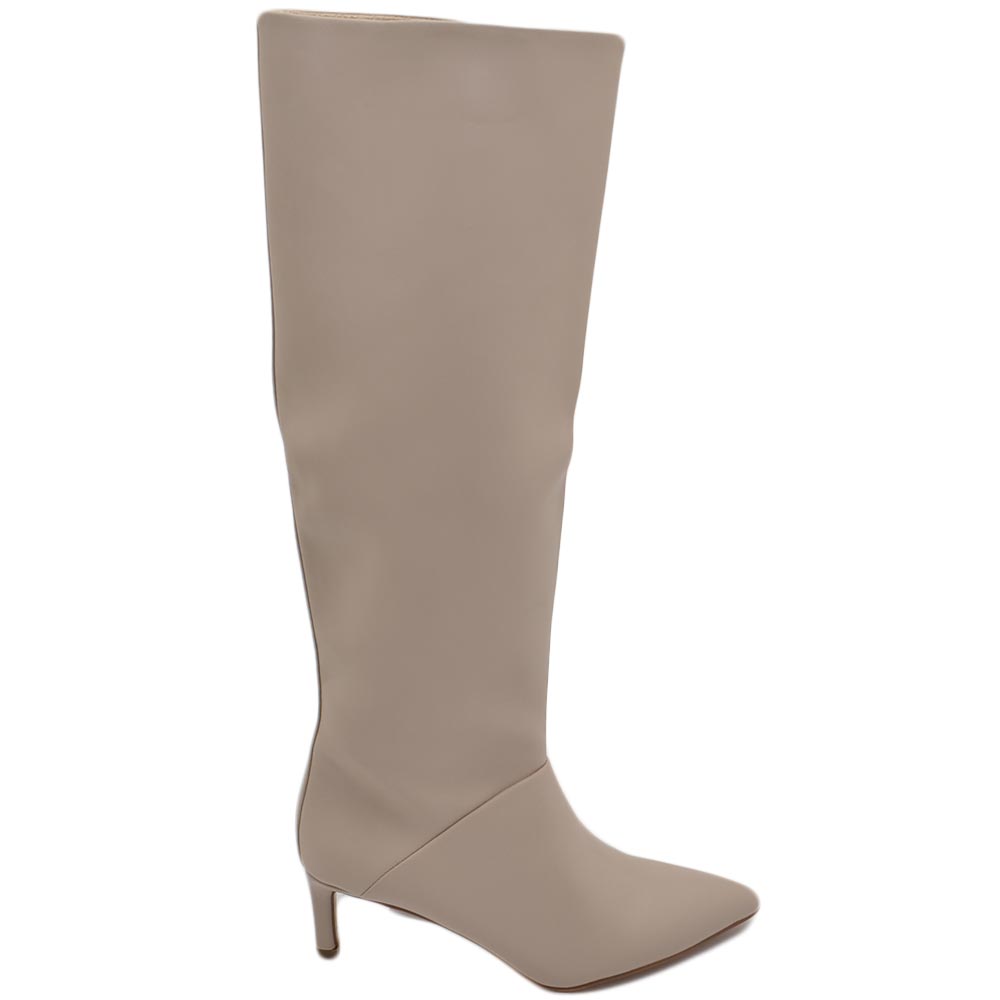 Stivali alti donna al ginocchio in pelle beige a punta tacco a spillo 6 cm zip lunga aderente moda linea Basic