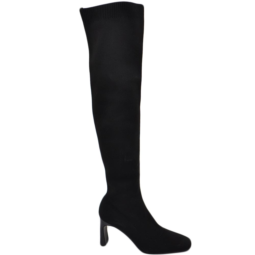 Stivali alti donna sopra al ginocchio in tessuto nero a punta quadrata tacco 6 cm zip aderente effetto calzino Basic.