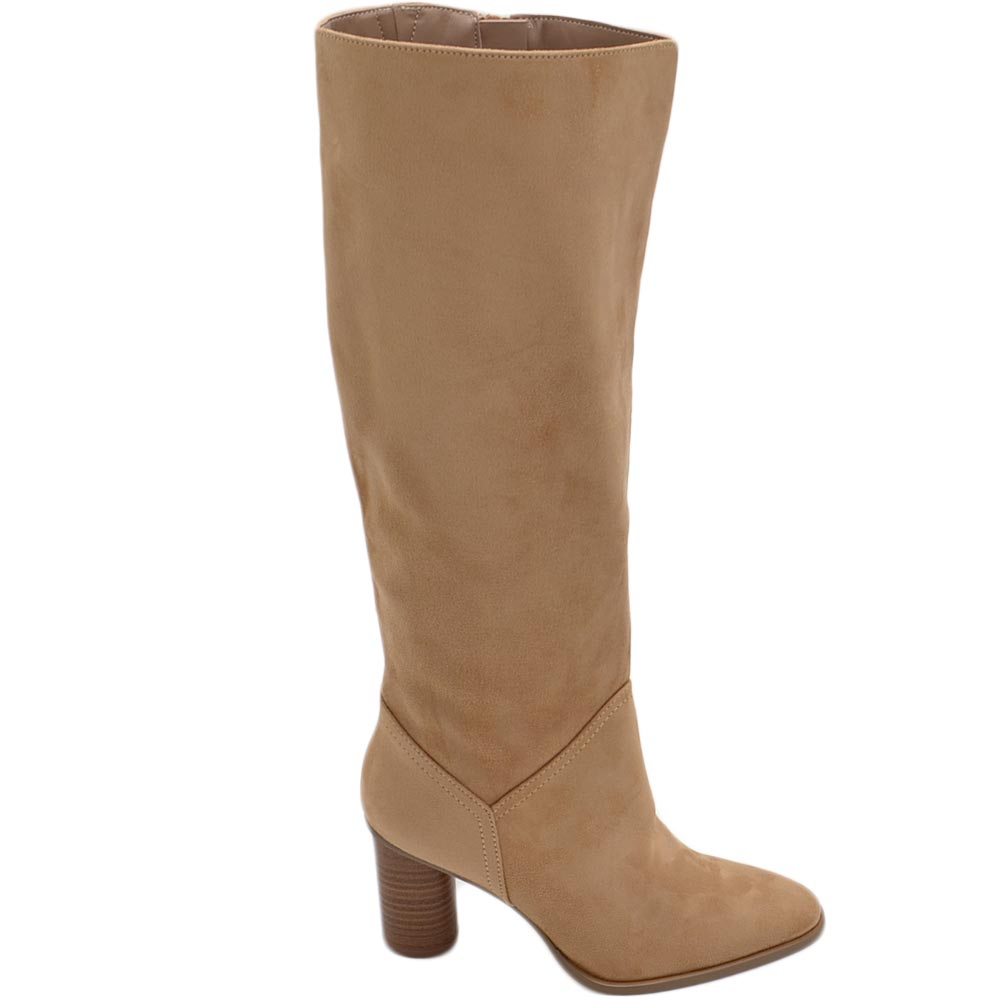 Stivali camperos donna in camoscio cuoio altezza ginocchio lisci con tacco Texano legno 7 cm rotondo moda zip