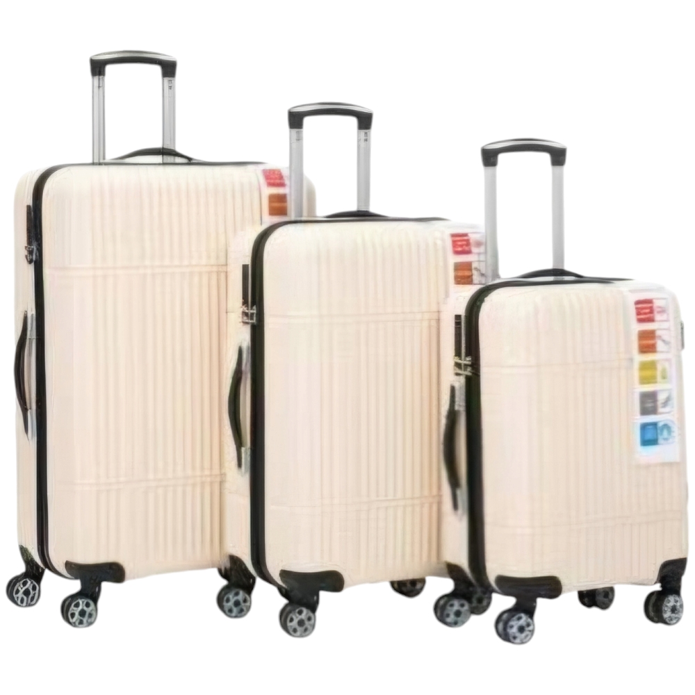 Set di 3 valigie beige panna con struttura rigida trolley valigie bagaglio a mano.