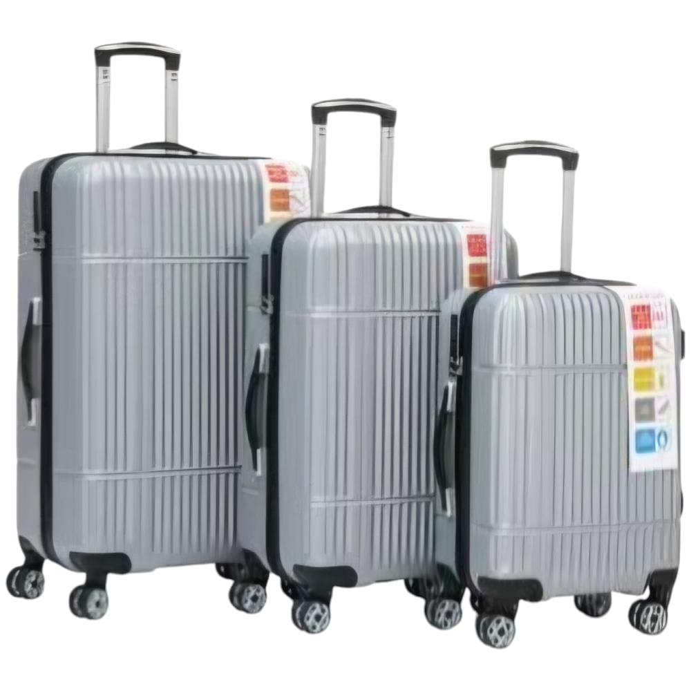 Set di 3 valigie argento con struttura rigida trolley valigie bagaglio a mano.