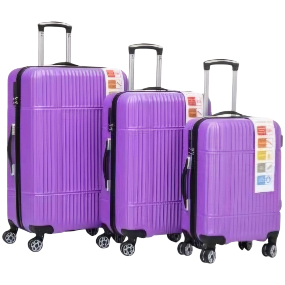 Set di 3 valigie viola con struttura rigida trolley valigie bagaglio a mano.